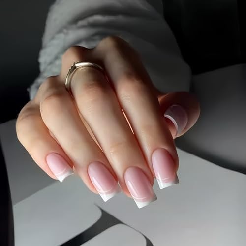 Press On Nails French Tip - Medium Square False Nails - Upgrade White French Tip Pink False Nails With Glue - Acrylic Full Cover Stick On Gel Nails For Women Nail Art DIY