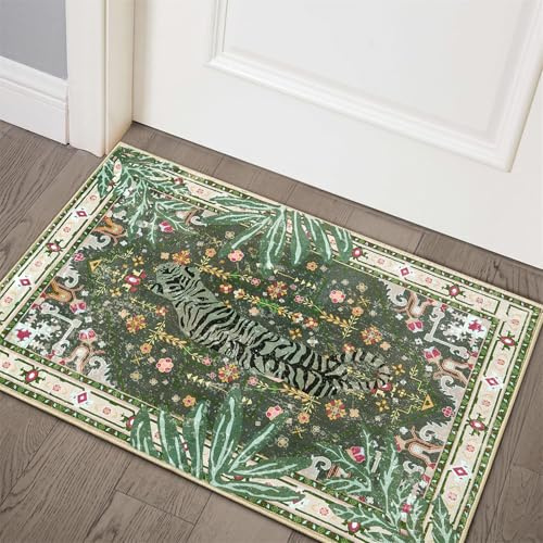Aldopein Orientalischer tropischer Eingangs-Teppich, waschbar, graugrün, Boho, Vintage, Used-Look, Hippie-Teppich für Badezimmer, Küche, Eingangsbereich, Innenbereich, rutschfest, abstrakt