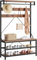 OPULENTHOME Garderobe mit Sitzbank, Garderobenständer mit Schuhablage Freistehend, Holz-Look Kleiderständer mit Schuhregal, mit 2 Lagerung Regal Hängende Bar, 8 Haken,101x40x182cm,Rustikale Braun