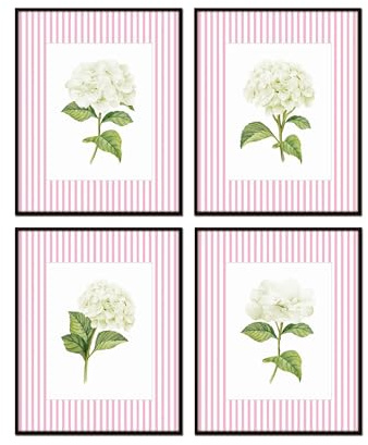 Nursery Wall Art White Hydrangea Pink Stripe Set, 16X20 SET OF 4, Unframed