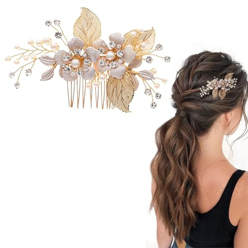 dinghaole Peigne à Cheveux pour Mariée avec Fleurs et Perles, Peignes à Cheveux Vintage en Métal, Peigne à Cheveux doré Torsadé Français pour Femmes