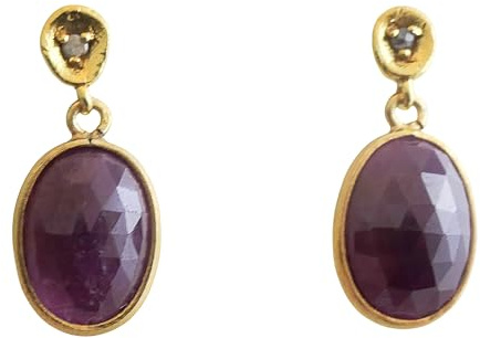 Orecchini a lobo in argento placcato oro con zaffiro rosa opaco e diamante | Gioielli Artigianali Eleganti da Donna