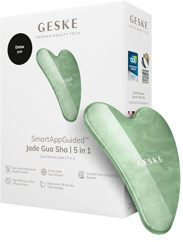 GESKE Jade Gua Sha | 5 in 1 | Massagen für Gesicht & Körper | SmartAppGuided | Hautstraffung | Anti-Schwellungen | Face Yoga | Aus Jade | Handliches & ergonomisches Design | Gua Sha