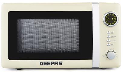 GEEPAS 700W Digital Freestanding Microwave Oven, 20L | Electric Oven with Auto Defrost Child Lock 12 Preset Rotary Dial Easy Clean | Fits Standard Dinner Plate Compact Retrovive Cream (Renewed)