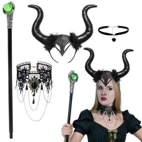 HSYWSH 4PCS Königin Hörner Kopfbedeckung mit Stab Magisches & Gothic Halskette Set, Teufelshörner Haareif Böse Königin Teufel Maleficent Kostüm Accessoires Damen Karneval