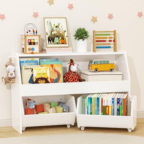 PAMPORPET Kinderregal mit Boxen auf Rollen, Spielzeug Aufbewahrung, Bücherregal Kinder, Spielzeugregal Möbel für Kinderzimmer, Regal weiß mit 2 Schubladen - 91x30 x60 cm