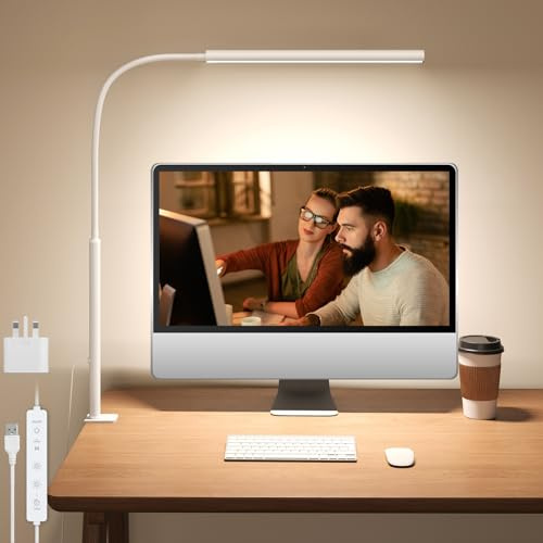 LED Desk Lamp with Clamp, Extra Tall Desk Light for Home Office, Dimmable Clip on Light with Adjustable Gooseneck for Reading & Nail, 5 Colours, 10 Brightness, Auto-Off Timer, Memory, Adapter Included