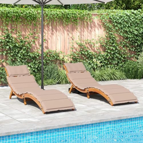 Mandloder Lot de 2 chaises longues avec coussins - Taupe - Bois massif d'acacia - Pliables - Pour jardin, terrasse, piscine - Résistant aux intempéries - 184 x 55 x 65 cm