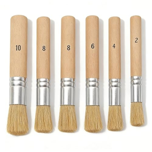 6 Stück Borstenpinsel Set,Rund Pinsel Malpinsel Acryl Brushes Holz Rundpinsel Paint Pinselset Bristle Schablonierpinsel Runde Naturborsten,für Aquarell Malerei Kreide DIY-Handwerk