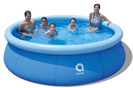 Hellblauer runder Pool 1,80 m x 73 cm aus laminiertem PVC mit Filterpumpe & Leiter