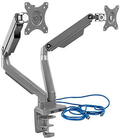 Mount-It! Dual Monitor Arm Mount Desk Stand | 2 x 3.0 USB Ports | Articulating Mechanical Spring Height Adjustable | Fits Two 24 27 29 30 32 Inch VESA 75 100 Compatible Screens | C-Clamp and Grommet