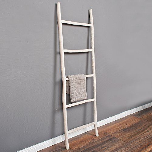 LEBENSwohnART Teak Deko-Leiter KEPALA H150cm White-Wash Handtuchhalter Kleiderständer Leiter