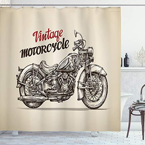 ABAKUHAUS Motorrad Duschvorhang, Chopper Art-Fahrrad, Stoffliches Gewebe Badezimmerdekorationsset mit Haken, 175 x 200 cm, Beige und Braun