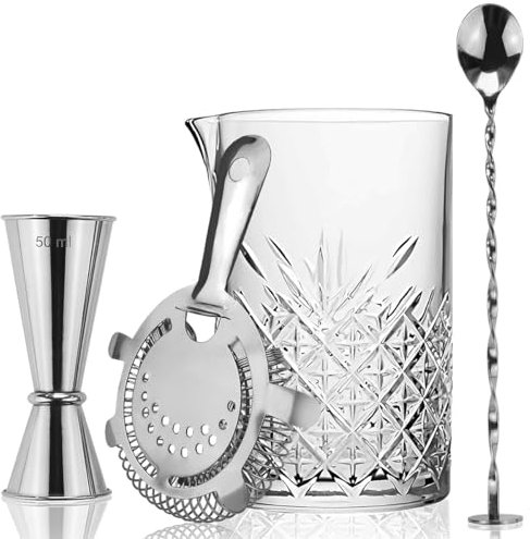 FLOW Barware Glass 4Piece Cocktail Mixing Set, Silver, 700 ml Mixing Glass, Hawthorne Strainer, Japanese Drinks Jigger & Mixing Spoon