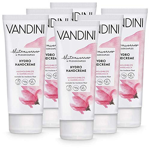 VANDINI Hydro Handcreme Damen mit Magnolienblüte & Mandelmilch - Handcreme für normale bis trockene Haut - vegane Handcreme für Frauen ohne Silikone, Parabene & Mineralöl (6x 75 ml)
