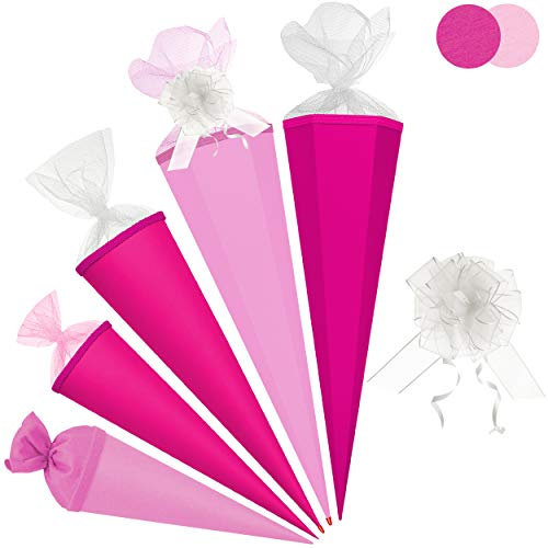 Schultüte - Rohling - PINK/kräftiges rosa - 85 cm - mit Holzspitze - 6 eckig - inkl. Schleife - Tüllabschluß - Zuckertüte - Roth - Jungen Mädchen - Schultüt..