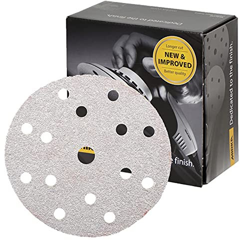Mirka Basecut White Hook and Loop Hook It 150mm 6 Inch Sanding Discs - Box 50 Abrasive P40 Grit Automotive Refinishing Sandpaper Sanding Discs 15 Hole Vacuum Dust Extraction System