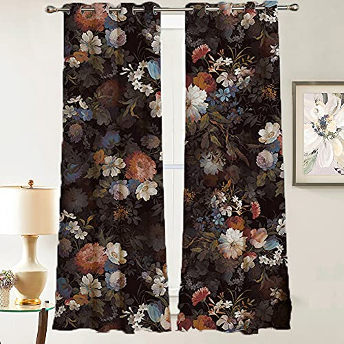 Michorinee Gardinen Blumen Muster Blickdicht Vorhang Vintage Schwarz Verdunkelungsvorhang Landhaus Dekoschal mit Ösen Rosen-Design für Schlafzimmer Fenster 1er Set 240 × 132cm (H × B)