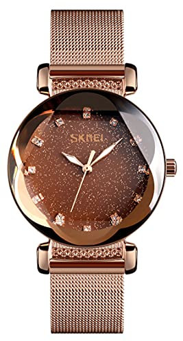 TO Montre en Maille pour Femme avec Cadran en Diamant et Ciel étoilé Horloge pour Dames élégante Robe d'affaires Montres-Bracelets avec Bracelet en Acier Inoxydable Or Rose