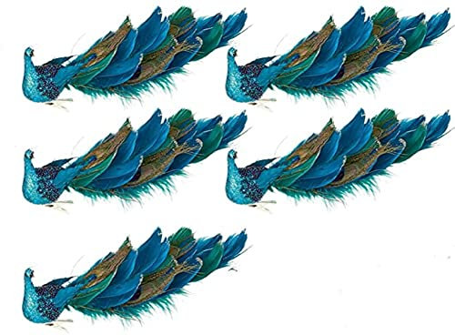 11 Blauer Pfau Weihnachtsschmuck mit Clip, Geschlossener Schwanzfedervogel mit Glitzer, Deko-Set für Weihnachtsbaum (5Pack)