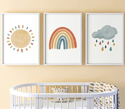 Sonnenschein Regenbogen Set aus 3 Ungerahmter Druck, Kunst im Boho-Stil, Kinderzimmer-Wandkunst, Kunst im Boho-Stil, Dekor im Babyzimmer, Unisex-Dekor, Spielzimmer-Poster, Regenwolke (A3)