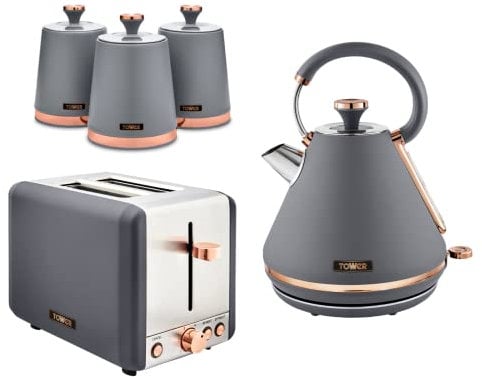 Tower Cavaletto Grey & Rose Gold 3KW 1.7L Pyramid Kettle, 2 Slice 850W Toaster & Set of 3 Tea, Coffee, Sugar Canisters. Matching Kitchen Set of 5 Items in Grey & Rose Gold