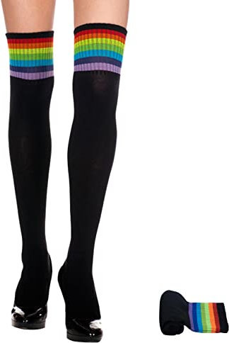 Andiker 1 Pair Over Knee High Socks for Women, Soft Long Stripe Knee Thigh Boot Warm Stockings Cotton Knee Highs Socks for Cosplay Daily Wear (black-rainbow)