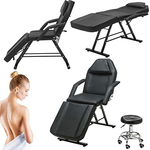 KEEPREAPER Kosmetikliege höhenverstellbar Massageliege 3 Zone mit Hocker 78cm Breit Massagebett aus PU-Leder belastbar bis 270kg (Schwarz)