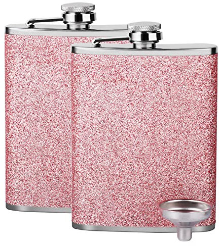 2 Stück Flachmann Frauen Flachmann Klein, Edelstahl Flachmann für Frauen, Whisky Alkohol Flachmann mit Trichter, Tragbar Flachmann Zum Wandern, Klettern, Angeln, Camping, 8Oz /240 ml, (Rosa)