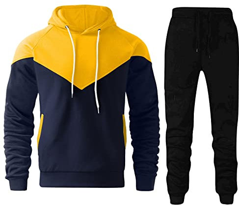 NNGOTD Herren-Herbst- und Wintermode, lässiges Spleißen mit Tasche, flauschig, mit Kapuze, Kapuzenhose, Zwei Sets Leinen Anzug Herren (BAULMDC-Yellow, XXL)
