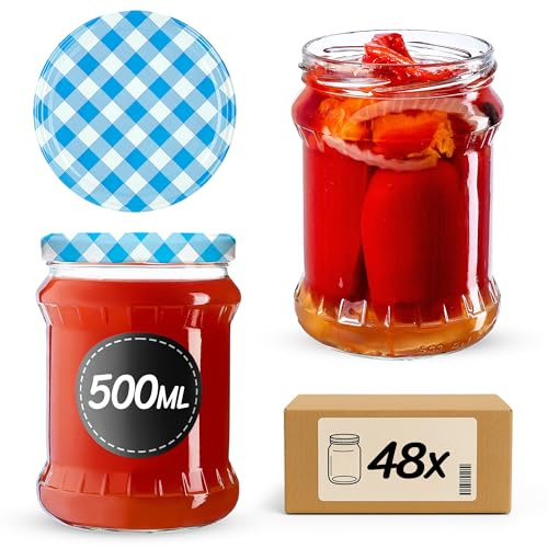 KADAX 48er Set Einmachgläser 500ml TO82 Blau Kariert, Sturzgläser Mason Jar mit Schraubdeckel, Luftdichte Twist-off Gläser, Meal Prep, Overnight Oats, Sauerteig