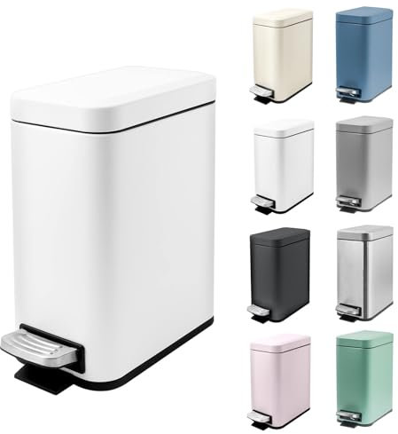 MSYU Kitchen Bin, 5L Rubbish Bin, Steel Pedal Bin with Lid and Inner Bucket, Soft Close (White)