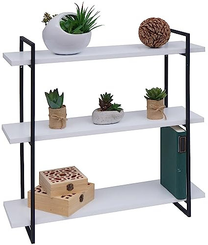 Wandregal HWC-K78, Hängeregal Schweberegal, 3 Regalböden Massiv-Holz Industrial 60x60x18cm - weiß, Metall schwarz