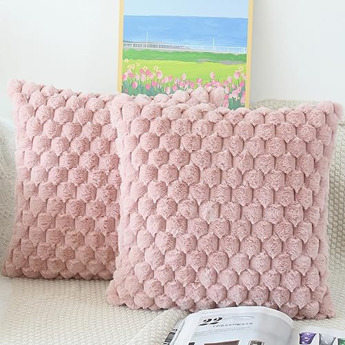 NIULAA Flauschig Kissenbezug 40x40 Rosa 2er Set Plüsch Deko Kissenbezüge Weich Gestreift Kissenhülle Luxus Pelz Dekokissen Sofakissen Zierkissen Kuschelig Kissen Bezüge Wohnzimmer Sofa