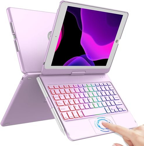 Teclado Español Ñ para iPad 10.2 9th 2021/8th 2020/7th 2019, Funda Teclado para iPad 9/8/7 Gen, Teclado Bluetooth de Carcasa Rígida Giratoria 360° con Touchpad y 7 Colores de Retroiluminación