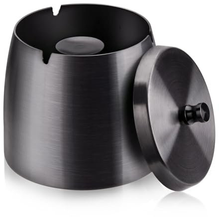 HONZUEN Stainless Steel Ashtray with Lid, Black Ashtray Outdoor, Windproof Rainproof Ashtrays for Cigarettes, Metal Ash Trays with Lids Outdoors, Easy to Clean, Ash Holder for Smokers Garden Bar, XL