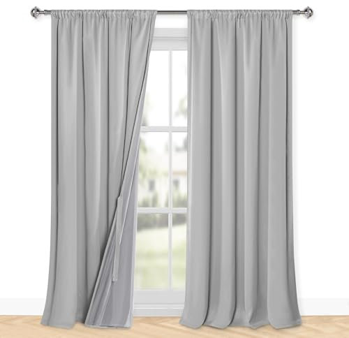 XWZO 100% Blickdichte Vorhänge Wohnzimmer, Vorhänge mit Kräuselband, Gardinen Schlafzimmer, Doppellagige Dicke Verdunklungsvorhänge Thermovorhang Kälteschutz, 260x140 cm(HxB) Silber-Grau 2er Set