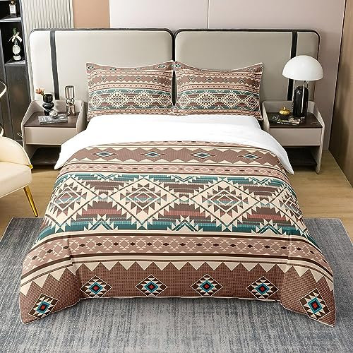 Western 100% Baumwolle Bettbezug 135x200,Azteken Bettwäsche Set,Exotische Böhmische Native Indian Tribal Tröster Bezug,Vintage Geometrische Dreieck Boho Bett Sets mit 1 Kissenbezug,Beige Braun