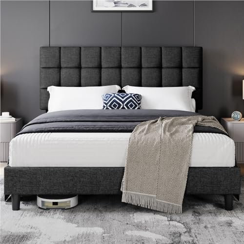 Yaheetech Lit Double 2 Personnes Capitonné Carré 160×200cm, Tête de Lit Réglable en Hauteur, avec Sommier à Lattes, en Bois Massif et Métal, Gris foncé