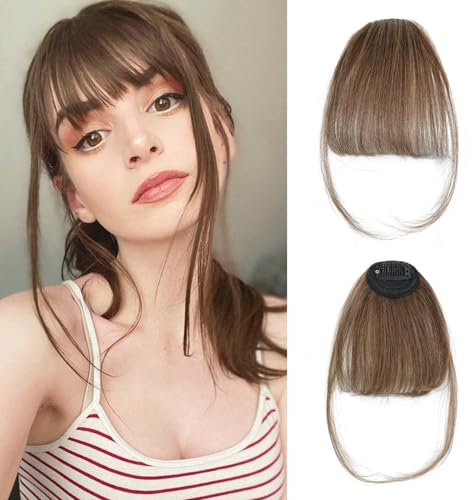 RPAEOY Haarschmuck Bangs Clip Haare Haarverlängerungen Flat Bang mit Schläfen Echthaar Front Face Fringe Pony Haarteile Pony Extension für Frauen das Tägliche Tragen (Hellbraun)