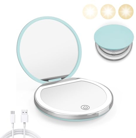 Mintgrüner Taschenspiegel mit Licht, 1X/3X Vergrößerung LED Taschenspiegel | USB-Datenkabel, Mini, Geldbörse, Tasche, Reisen, Geschenk, Make-up, Mini, Damen, wichtige Dinge, LED, Fiberglas
