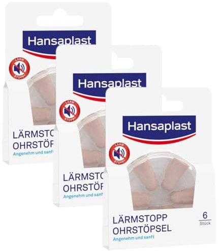 Hansaplast Lärmstopp Ohrstöpsel (6 Stück), sanfter Gehörschutz ideal zum Schlafen und Entspannen, Gehörschutzstöpsel reduzieren Geräusche um 33db (Packung mit 3)