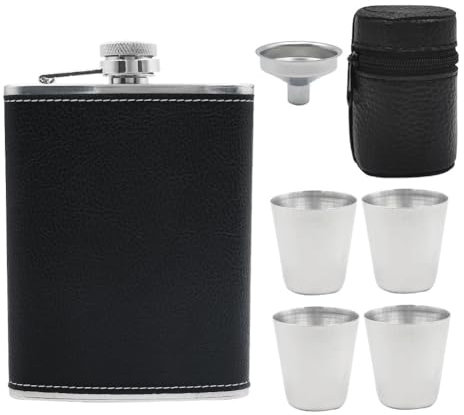 YAZHED Lot de flasques en acier inoxydable de 227 ml - 4 gobelets - 1 entonnoir - 1 porte-gobelet en cuir - Convient pour le transport de l'alcool - Pour le whisky, le rhum, la vodka - Noir -