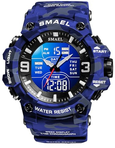 FANMIS Herren Analog Digital Outdoor Sport Uhr Militär Taktik Multifunktionsuhr LED Elektronische Große Dual Display Uhr Armee Leuchtende Wasserdichte Uhr, Camouflage Blau