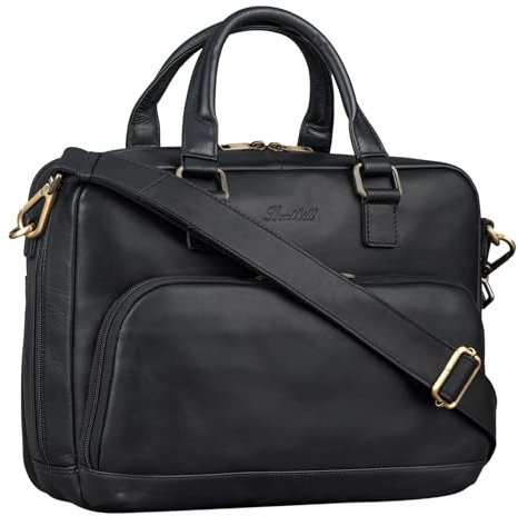 Benthill Serviette en cuir pour ordinateur portable - Sac en cuir pour Homme et Femme Grand - Sac à bandoulière en cuir véritable - Grand sac pour ordinateur portable, Color:Noir