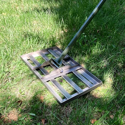 PLBBJH Rastrello livellatore per prato, 50,8 x 25,4 cm, base in acciaio inox migliorata e asta spessa in metallo esteso con manico antiscivolo in gomma, livellamento prato/sabbia/terreno per giardino,