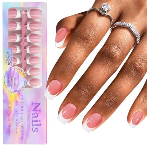 BeauFairy Faux Ongles, 150 PCS, Ballerine Français Faux Ongles, Acrylique Pose Capsule Americaine Ongle, Ongles Gel Couverture Complète, pour Débutant en Manucure, Prothésiste Ongulaire Salons, 021