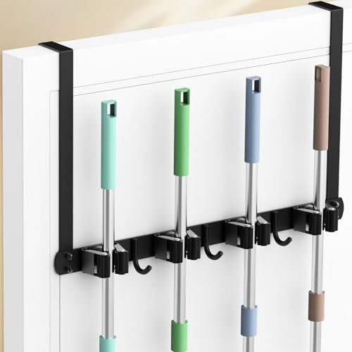 MOREMOCO Besenhalterung Wand über der Tür, Besenhalter Gerätehalter Wandhalterung Edelstahl Besen Mop Halter Selbstklebend Werkzeughalter Organizer mit 4 Halter und 3 Haken 1PCS