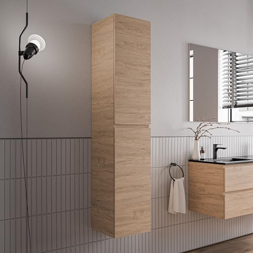 Bernstein Hochschrank AVA 35 x 35 x 170 cm, Seitenschrank in Eiche honiggold, 2 Türen, 5 Einlegeböden, Soft-Close, Griffmulde, Badschrank Wandhängend, 5 Jahre Garantie