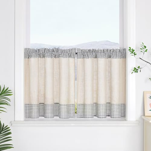SCHOAL Scheibengardine mit Tunnelzug Leinenoptik Fenstergardine mit Karo Landhaus Kleinfenster Gardine Kariert 1 Stück HxB 45x90 cm Grau